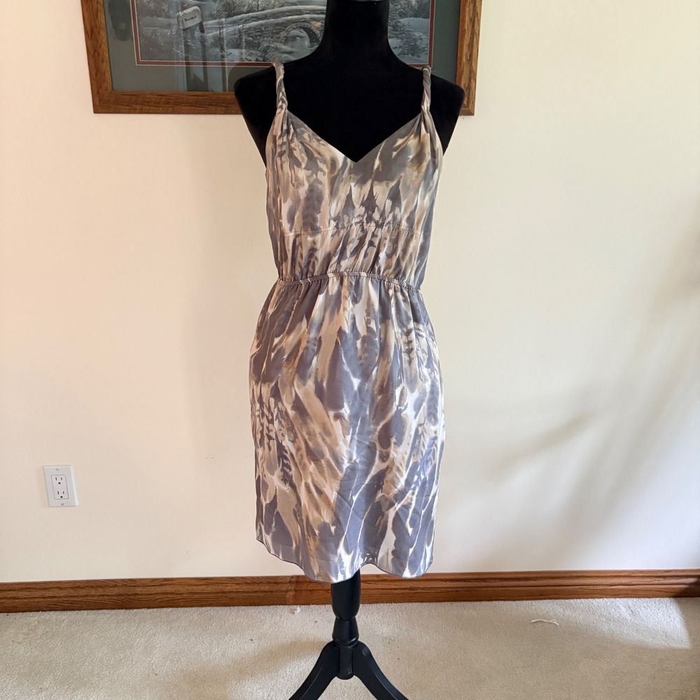 Banana Republic Silk Cami Dress Womens 2 Grey Tan Abstract Print Elastic Waist